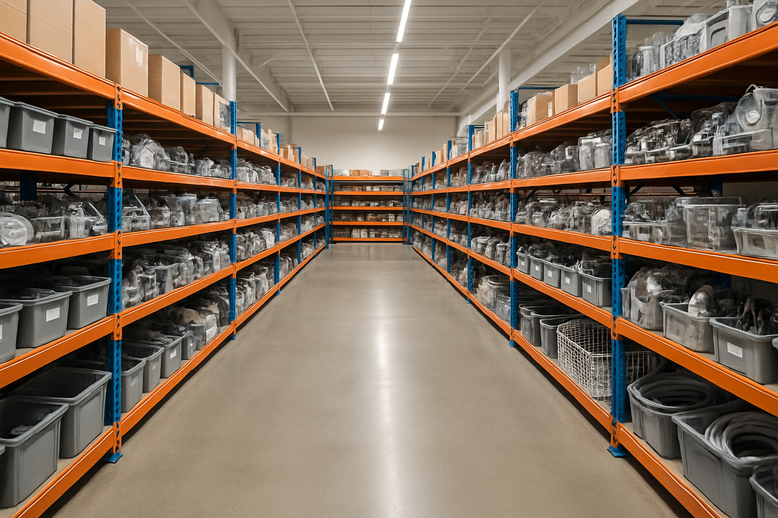 Fully stocked warehouse with appliance parts, components, and boxed inventory