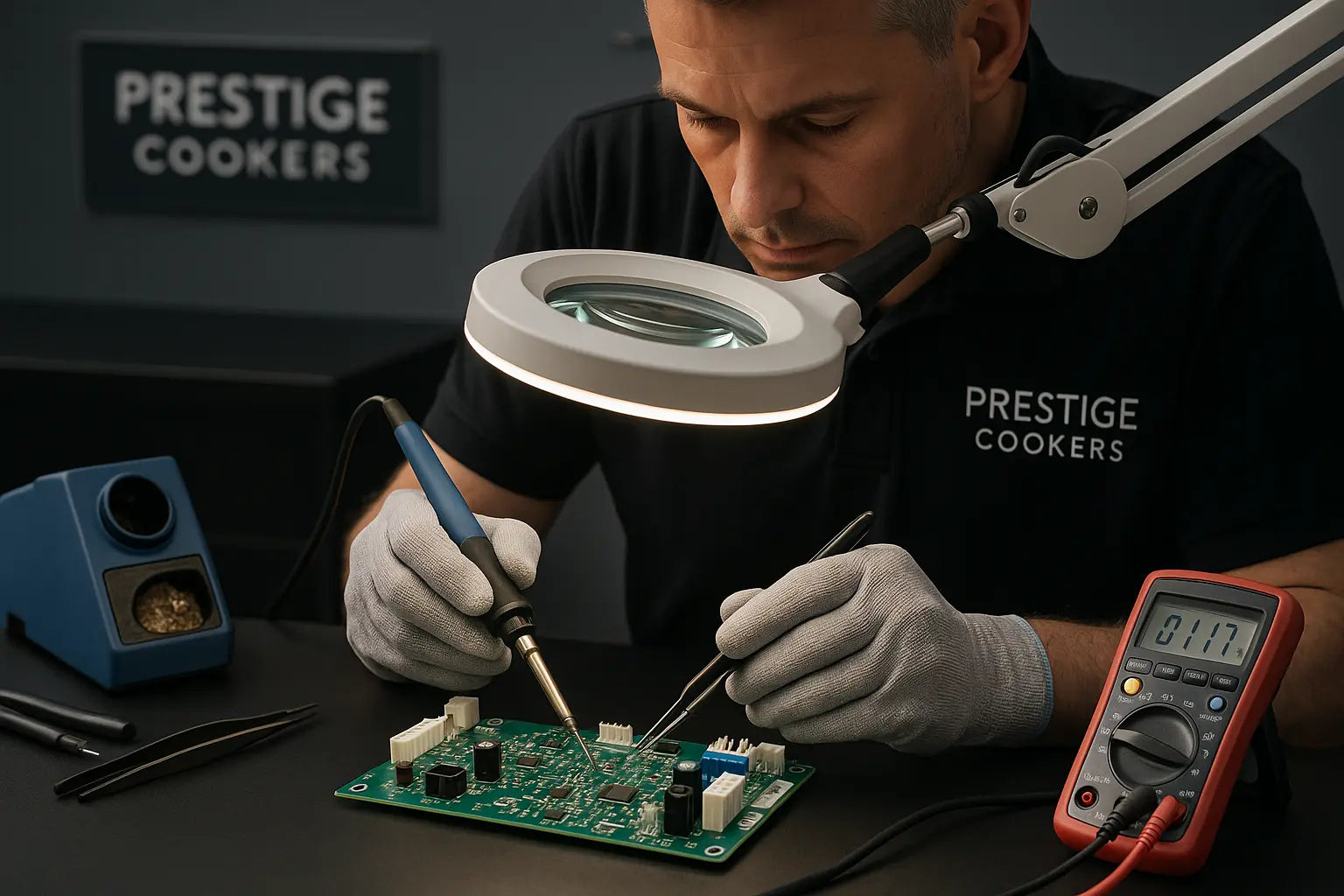 Technician soldering electronic components on PCB for oven and cooker repair