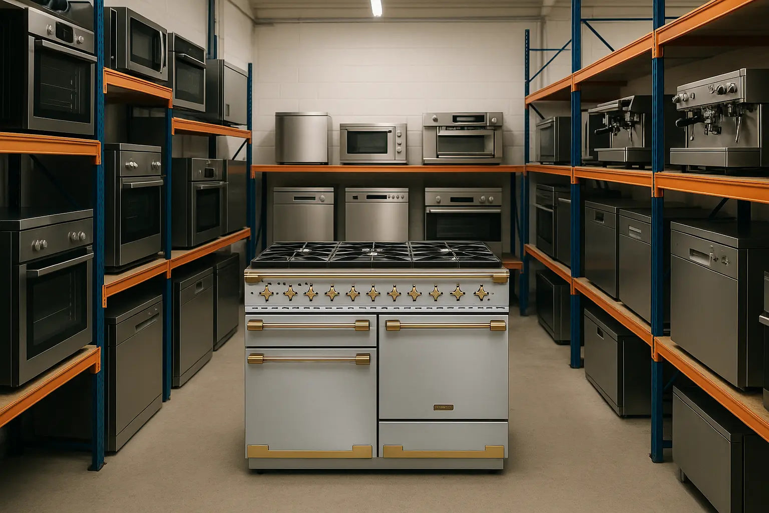 Show room of appliances in organized storage room
