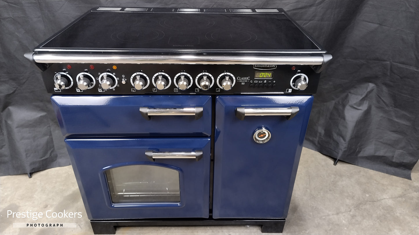 Rangemaster Classic Deluxe 90 cm Induction/Electric Range Cooker, Blue/Chrome