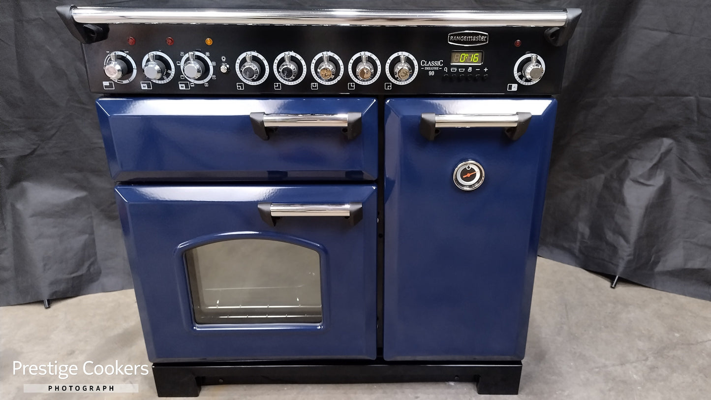 Rangemaster Classic Deluxe 90 cm Induction/Electric Range Cooker, Blue/Chrome