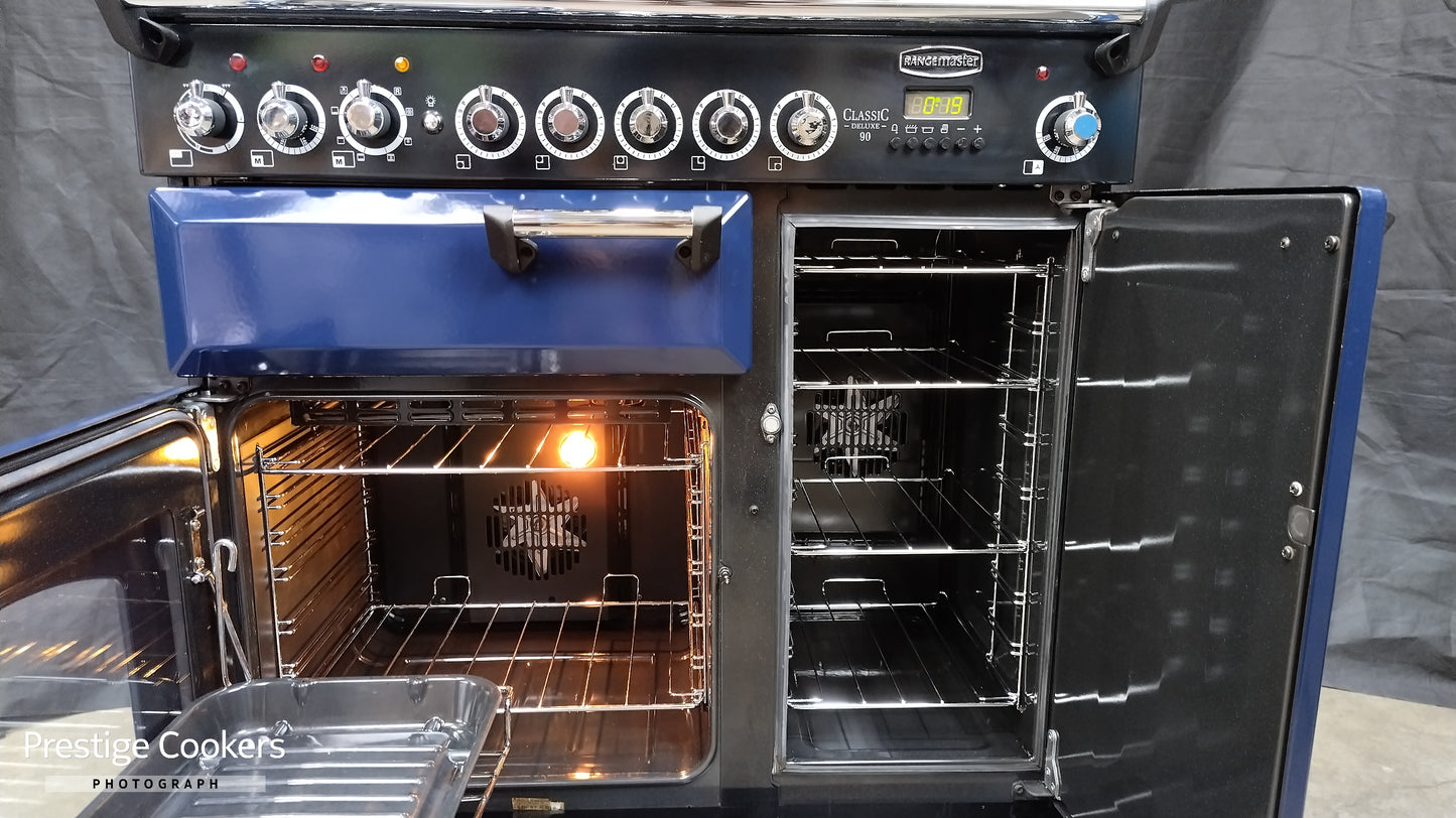 Rangemaster Classic Deluxe 90 cm Induction/Electric Range Cooker, Blue/Chrome