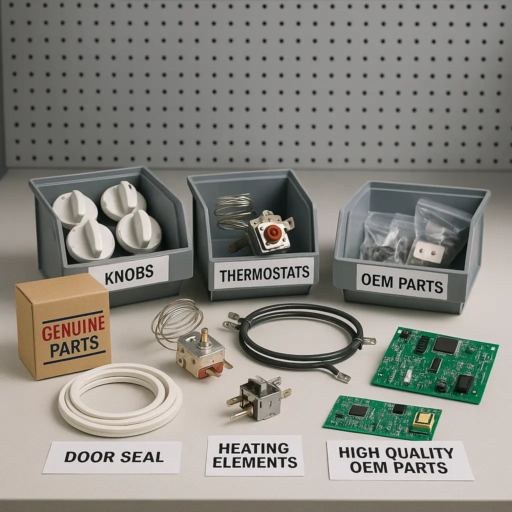 Variety of appliance repair components including PCB boards, OEM parts, and heating elements