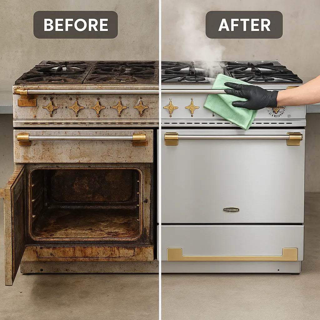 Before and after professional cooker and oven refurbishment service with deep cleaning and restoration