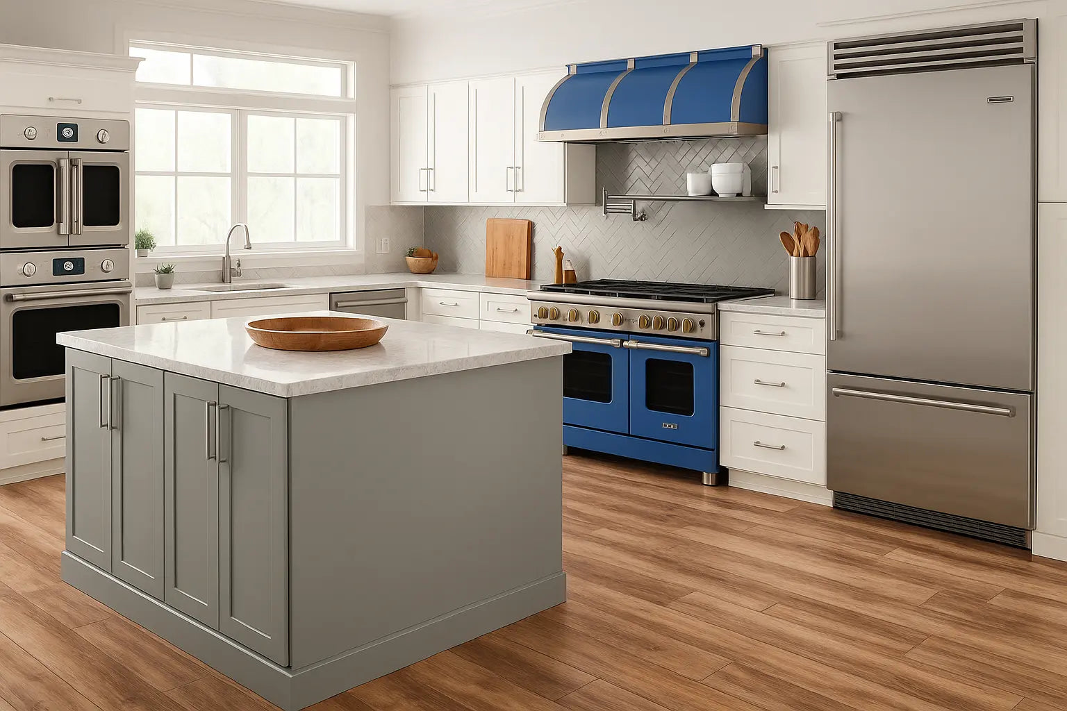 Modern kitchen with blue range cooker, stainless steel fridge, island countertop, and built-in ovens