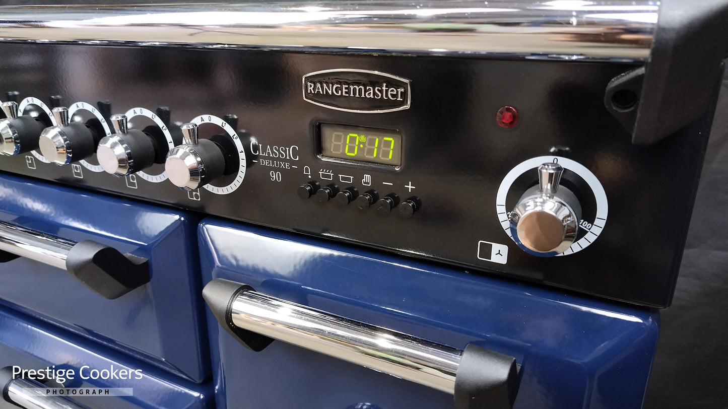 Rangemaster Classic Deluxe 90 cm Induction/Electric Range Cooker, Blue/Chrome