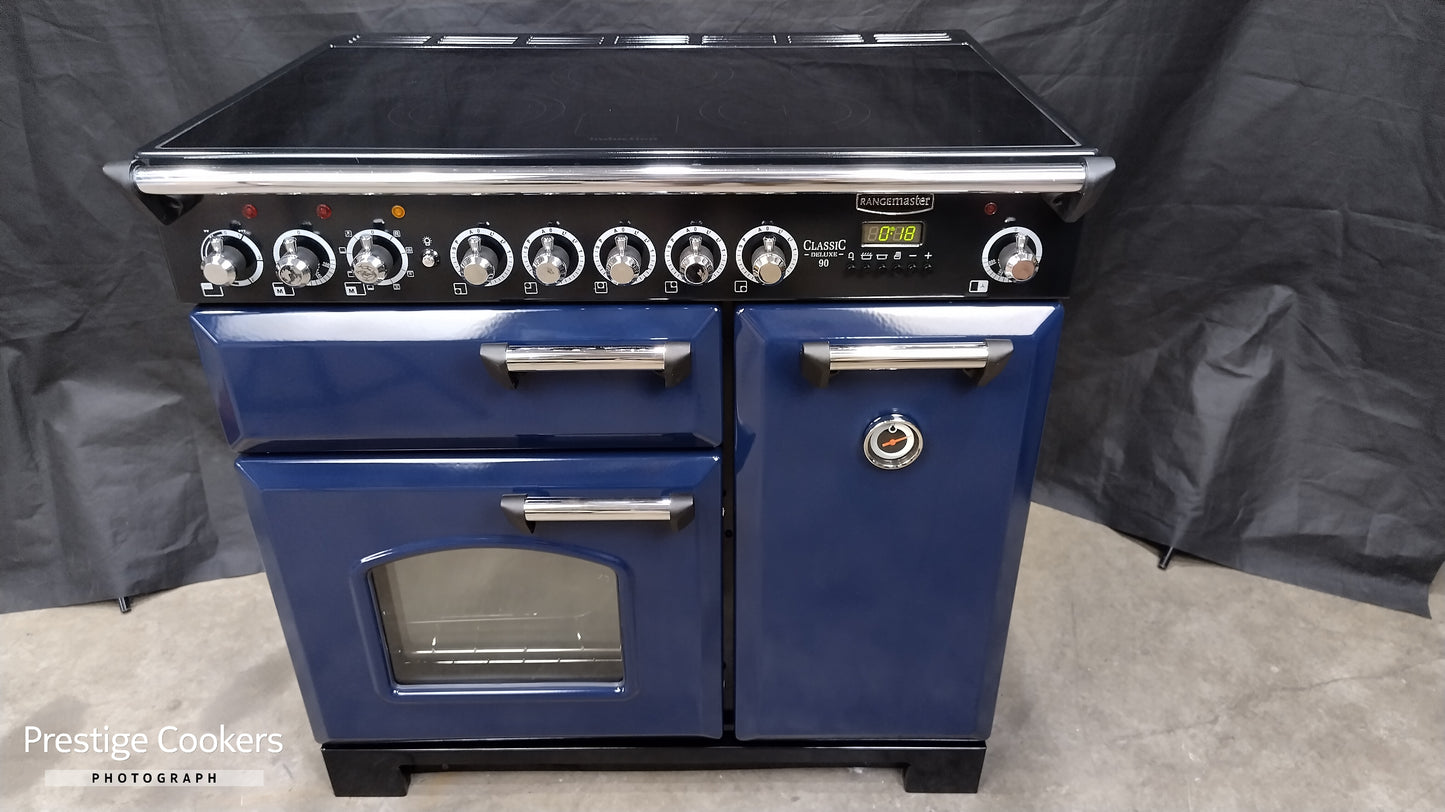 Rangemaster Classic Deluxe 90 cm Induction/Electric Range Cooker, Blue/Chrome