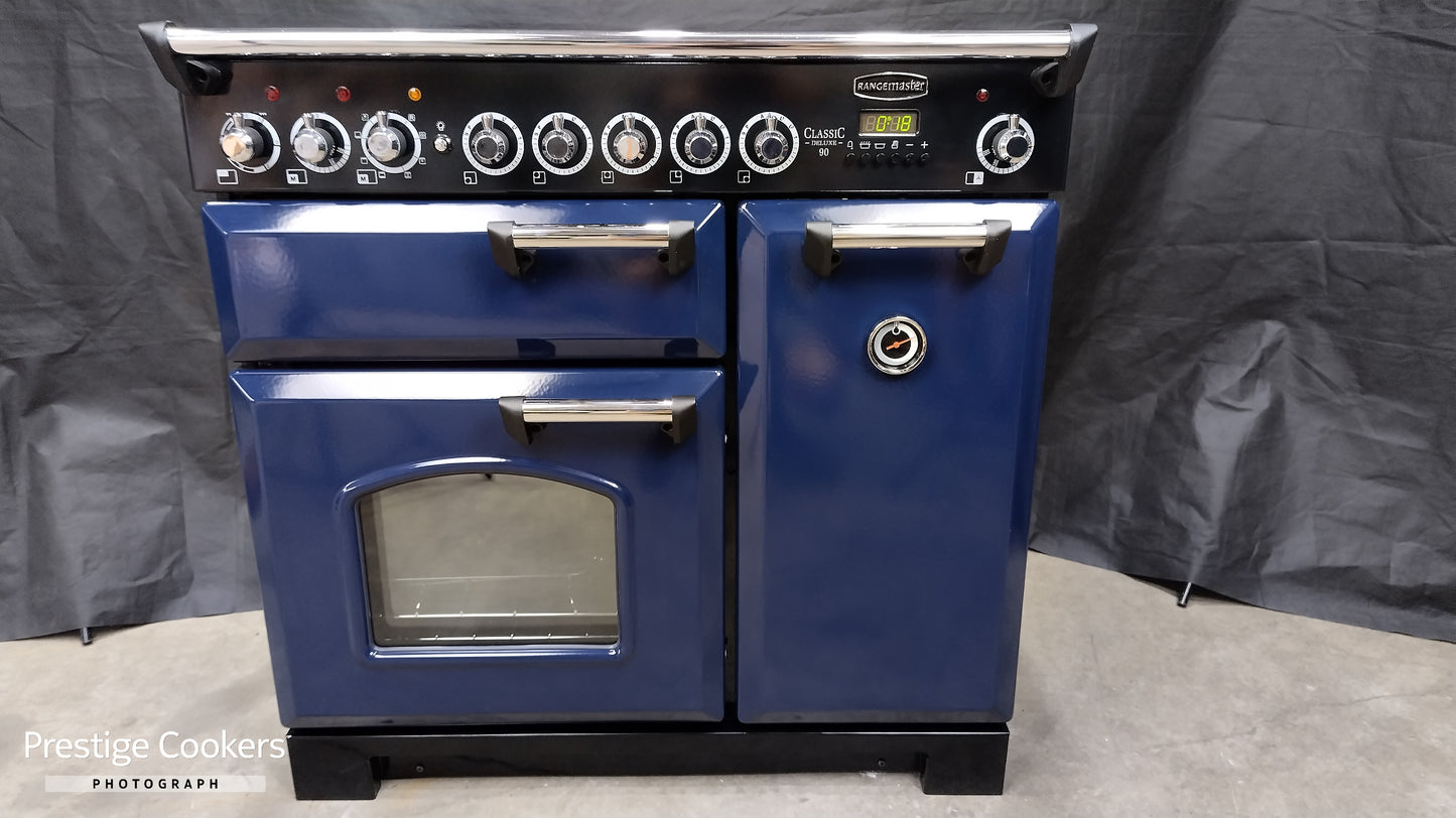 Rangemaster Classic Deluxe 90 cm Induction/Electric Range Cooker, Blue/Chrome