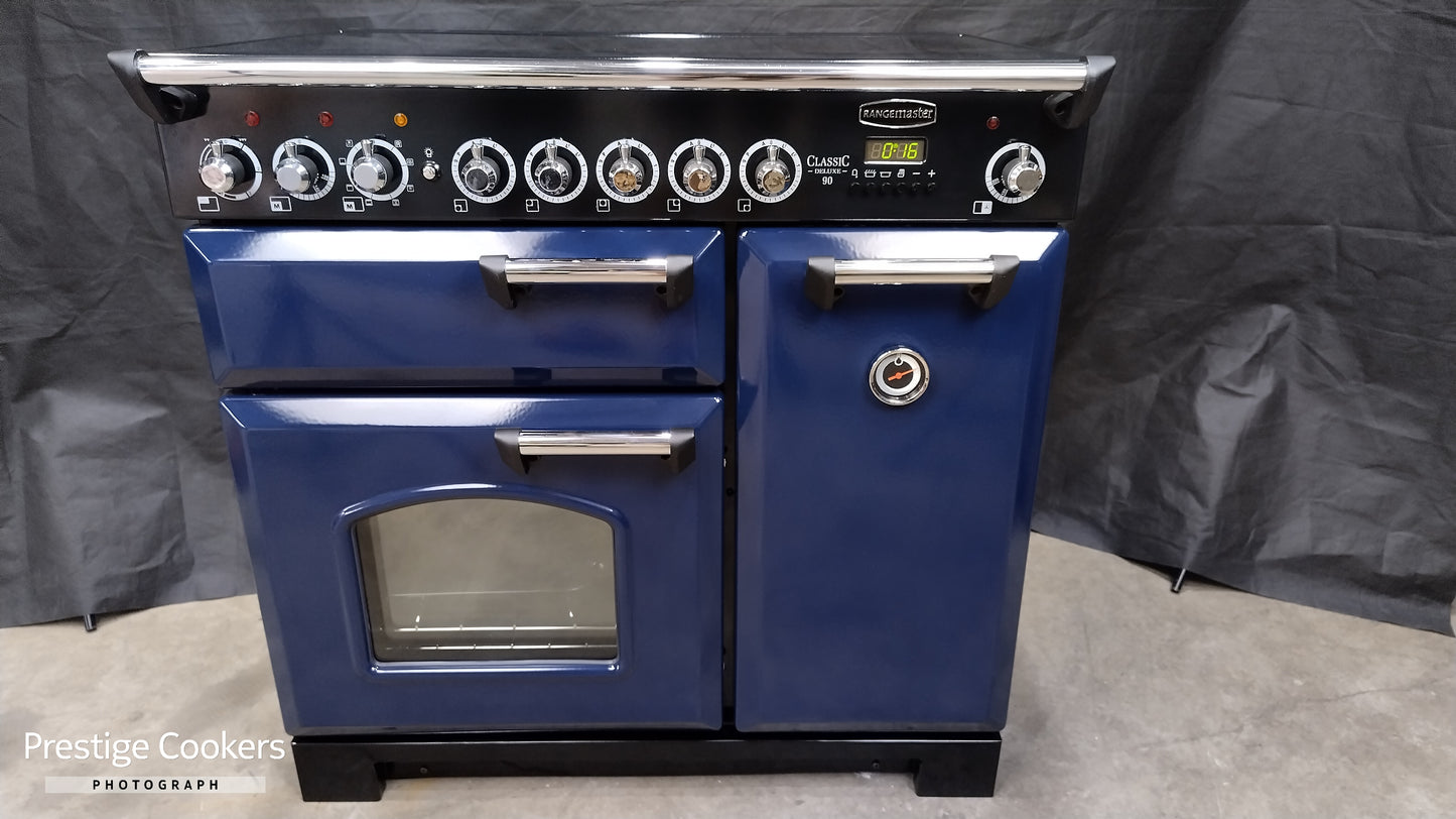 Rangemaster Classic Deluxe 90 cm Induction/Electric Range Cooker, Blue/Chrome