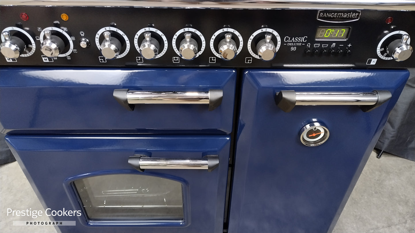 Rangemaster Classic Deluxe 90 cm Induction/Electric Range Cooker, Blue/Chrome