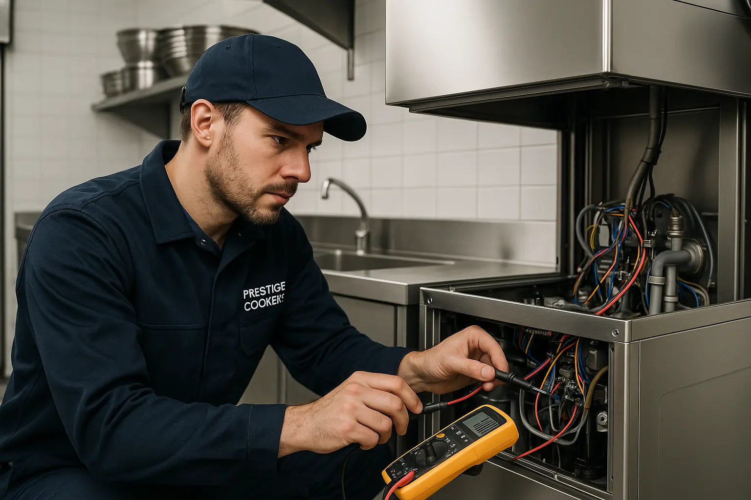 Close-up of an appliance PCB repair technician examining wiring for faults